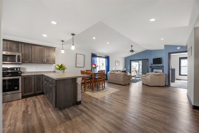 2205 Snapdragon Cir SW, Cedar Rapids, IA 52404 - kitchen featuring stainless steel appliances, a peninsula, dark brown cabinets, dark wood-style flooring, and vaulted ceiling