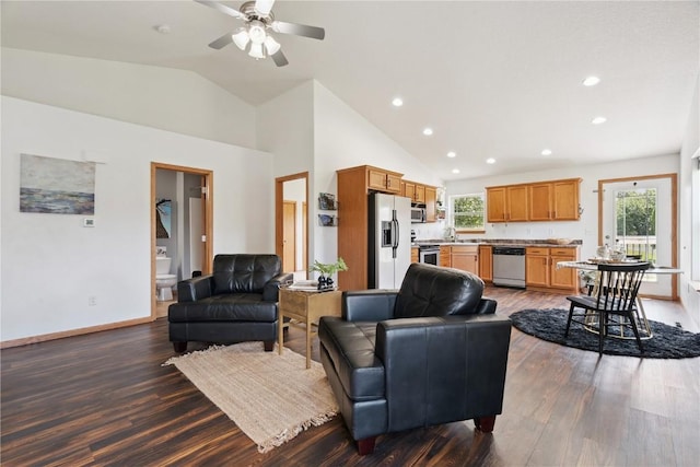 1562 Hunters Creek Way, Marion, IA 52302 - living room with dark wood-type flooring, ceiling fan, recessed lighting, and high vaulted ceiling
