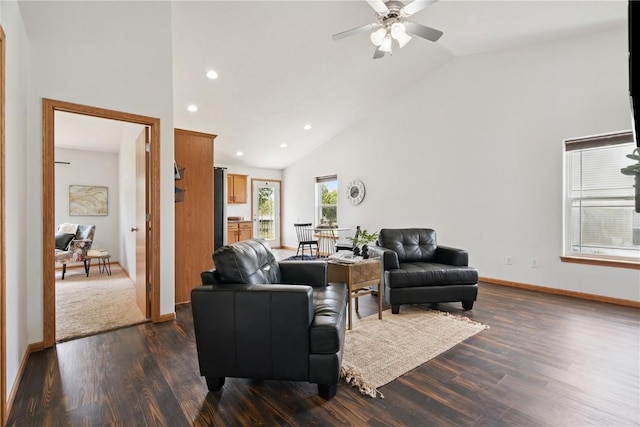 1562 Hunters Creek Way, Marion, IA 52302 - living area with high vaulted ceiling, dark wood-style flooring, a ceiling fan, and recessed lighting