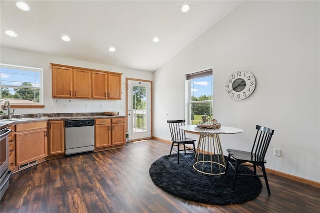 1562 Hunters Creek Way, Marion, IA 52302 - kitchen featuring stainless steel dishwasher, dark wood finished floors, healthy amount of natural light, lofted ceiling, and recessed lighting