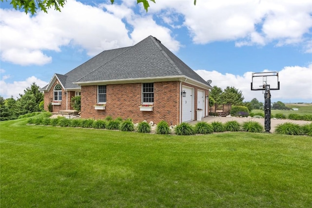 1355 Red Star Rd, Tipton, IA 52772 - view of side of home with brick siding, roof with shingles, a yard, and an attached garage