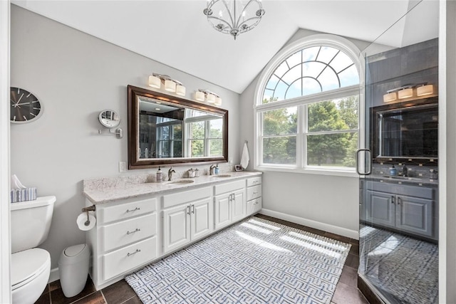 1355 Red Star Rd, Tipton, IA 52772 - full bath featuring lofted ceiling, vanity, toilet, and baseboards