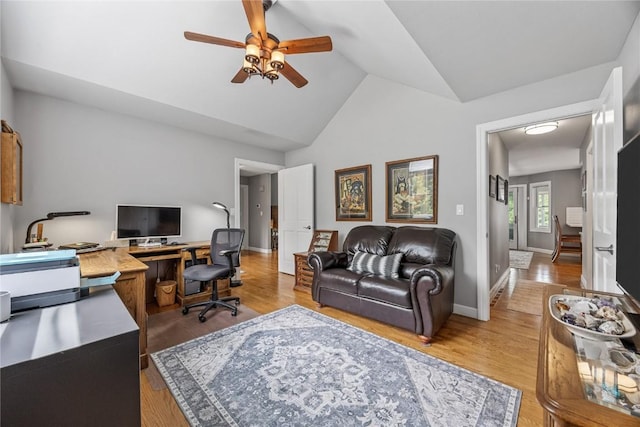 1355 Red Star Rd, Tipton, IA 52772 - home office with ceiling fan, vaulted ceiling, light wood-style flooring, and baseboards