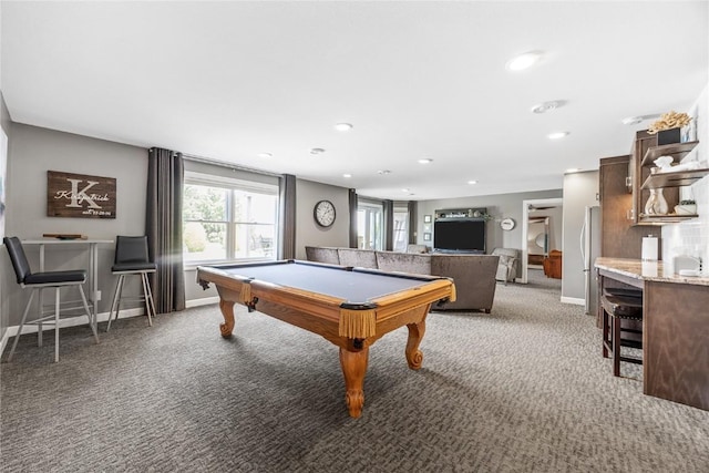 1355 Red Star Rd, Tipton, IA 52772 - rec room with light colored carpet, recessed lighting, baseboards, and pool table