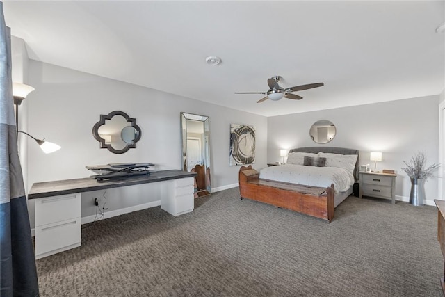 1355 Red Star Rd, Tipton, IA 52772 - bedroom featuring dark colored carpet, an office area, baseboards, and ceiling fan