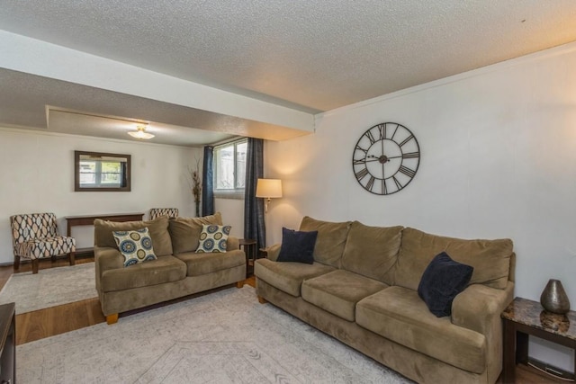 5817 Underwood SW, Cedar Rapids, IA 52404 - living area featuring a textured ceiling, light wood-style floors, and ornamental molding