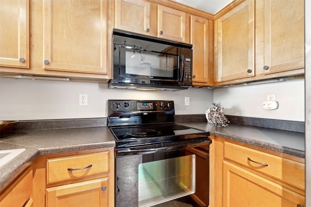 2900 Samuel Ct SW Unit D, Cedar Rapids, IA 52404 - kitchen featuring black appliances, dark countertops, and light brown cabinetry