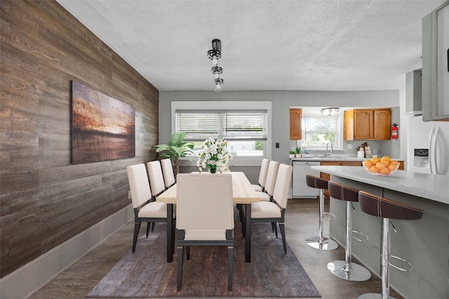 2220 D St SW, Cedar Rapids, IA 52404 - dining space with an accent wall, wood walls, a textured ceiling, and baseboards