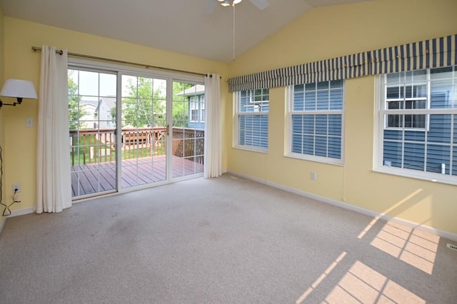 3730 Deer Valley Dr Unit B, Marion, IA 52302 - carpeted empty room featuring vaulted ceiling, ceiling fan, baseboards, and a sunroom