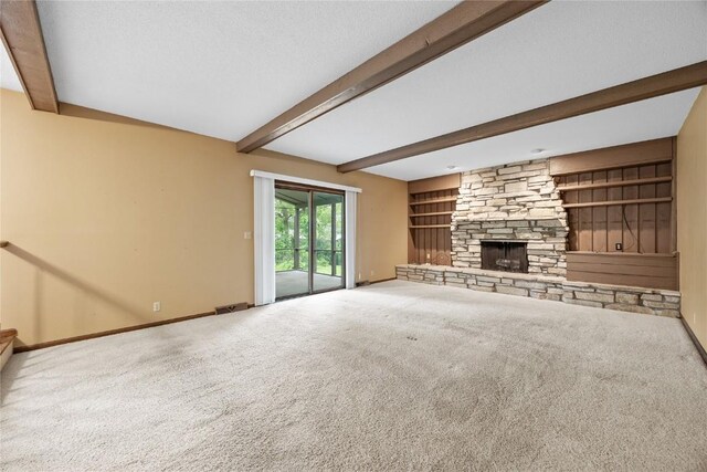 4633 Northwood Dr NE, Cedar Rapids, IA 52402 - unfurnished living room featuring baseboards, carpet, beam ceiling, a fireplace, and built in features