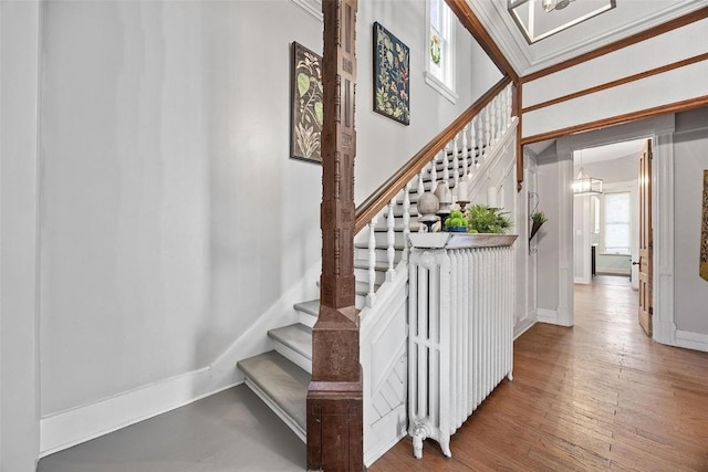 320 E St, Tipton, IA 52772 - staircase featuring wood finished floors, baseboards, and crown molding