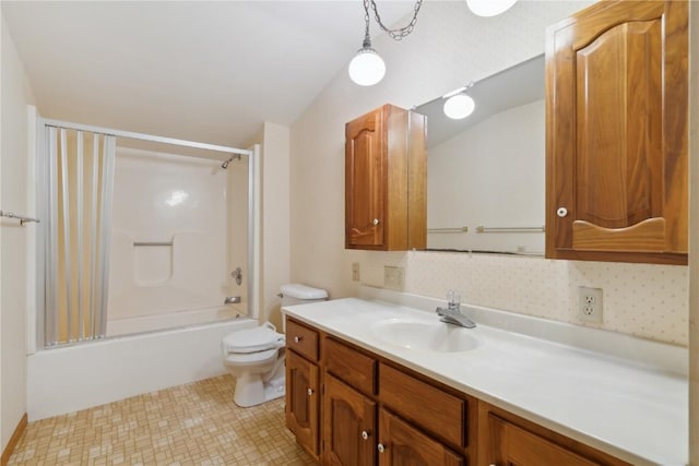 6405 Hillcrest Rd, Cedar Rapids, IA 52404 - bathroom with vanity, toilet, shower / tub combination, and lofted ceiling