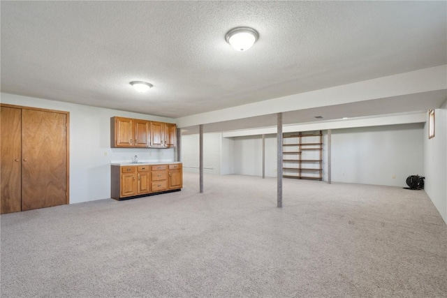 6405 Hillcrest Rd, Cedar Rapids, IA 52404 - finished below grade area featuring a textured ceiling, light carpet, and a sink