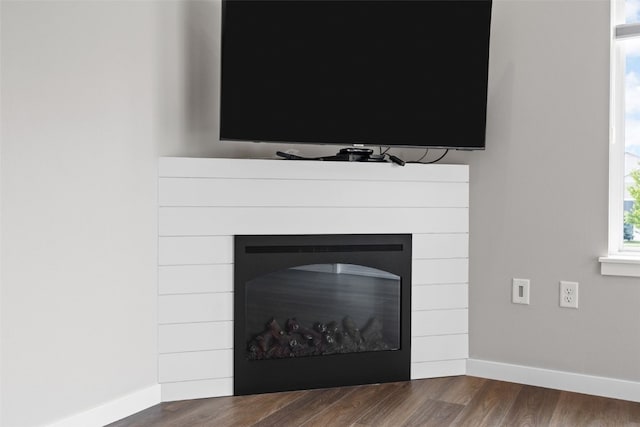 1333 Truman Ct NE Unit B, Cedar Rapids, IA 52402 - detailed view of baseboards, wood finished floors, and a glass covered fireplace