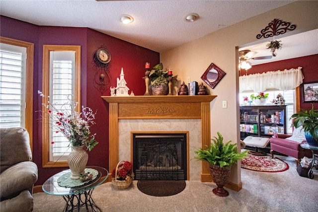 1701 130th St Unit 306, Anamosa, IA 52205 - living area with carpet flooring, healthy amount of natural light, a premium fireplace, and a textured ceiling