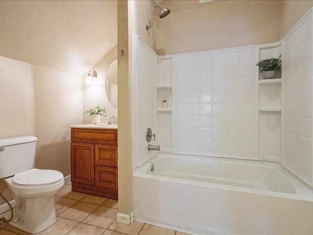 751 30th St NE, Cedar Rapids, IA 52402 - bathroom with tile patterned floors, toilet, vanity,  shower combination, and lofted ceiling