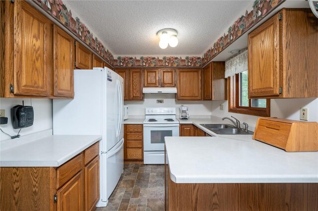 109 Oreole NE, Solon, IA 52333 - kitchen with white appliances, a sink, under cabinet range hood, brown cabinets, and a peninsula