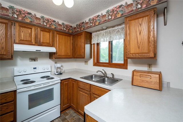 109 Oreole NE, Solon, IA 52333 - kitchen featuring white electric stove, under cabinet range hood, a sink, light countertops, and a textured ceiling