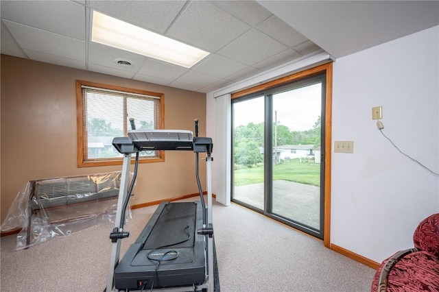 109 Oreole NE, Solon, IA 52333 - workout room featuring carpet floors, a drop ceiling, plenty of natural light, and baseboards