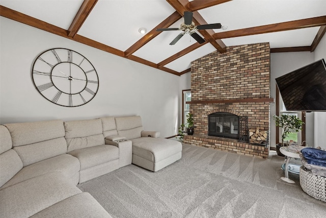 2043 Brookland Dr NE, Cedar Rapids, IA 52402 - carpeted living area with ceiling fan and a brick fireplace