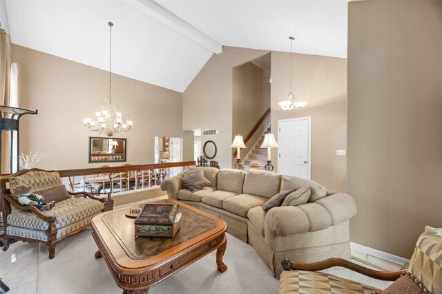 13 S View Dr NE, Iowa City, IA 52240 - living area featuring a chandelier, high vaulted ceiling, beam ceiling, stairs, and baseboards