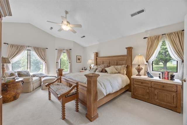 13 S View Dr NE, Iowa City, IA 52240 - bedroom with light carpet, multiple windows, lofted ceiling, and ceiling fan
