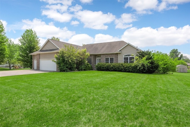 3017 Peaceful Dr, Riverside, IA 52327 - ranch-style house featuring brick siding, an attached garage, driveway, and a front yard