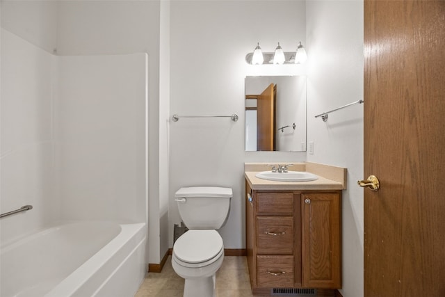 3017 Peaceful Dr, Riverside, IA 52327 - full bath featuring vanity, toilet, shower / bathtub combination, tile patterned flooring, and baseboards