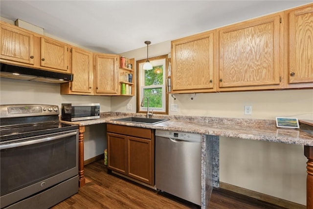 1805 4th Ave, South Amana, IA 52334 - kitchen with stainless steel appliances, under cabinet range hood, a sink, dark wood-style flooring, and light countertops
