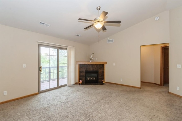 1080 Rachael St Unit 304, North Liberty, IA 52317 - unfurnished living room with ceiling fan, lofted ceiling, carpet flooring, a fireplace, and baseboards