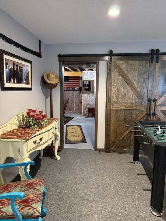 622 Prairie Hill Dr, Atkins, IA 52206 - recreation room with a barn door and carpet flooring