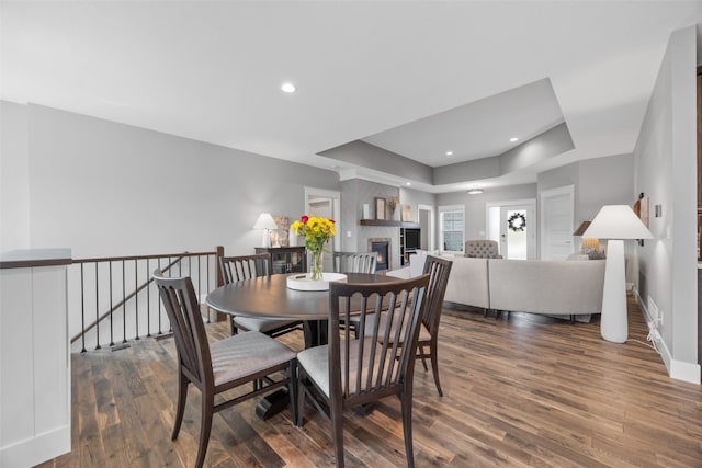 6318 Rapids Ridge Rd NE, Cedar Rapids, IA 52411 - dining room featuring wood finished floors, a raised ceiling, baseboards, and a fireplace