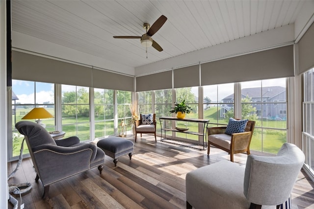 6318 Rapids Ridge Rd NE, Cedar Rapids, IA 52411 - sunroom / solarium with a ceiling fan, wood finished floors, and wooden ceiling