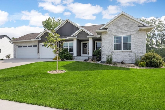 6318 Rapids Ridge Rd NE, Cedar Rapids, IA 52411 - craftsman house featuring stone siding, a garage, a front lawn, driveway, and board and batten siding