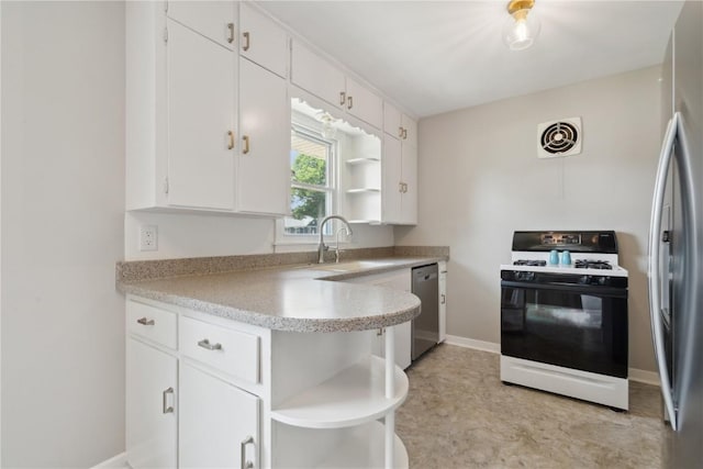 1252 29th St, Cedar Rapids, IA 52402 - kitchen with open shelves, stainless steel appliances, a sink, and white cabinets