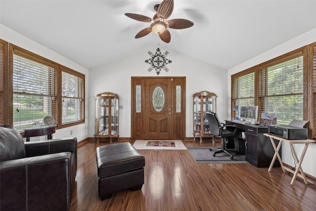 4427 J St SW, Cedar Rapids, IA 52404 - foyer entrance featuring wood finished floors, lofted ceiling, ceiling fan, and baseboards