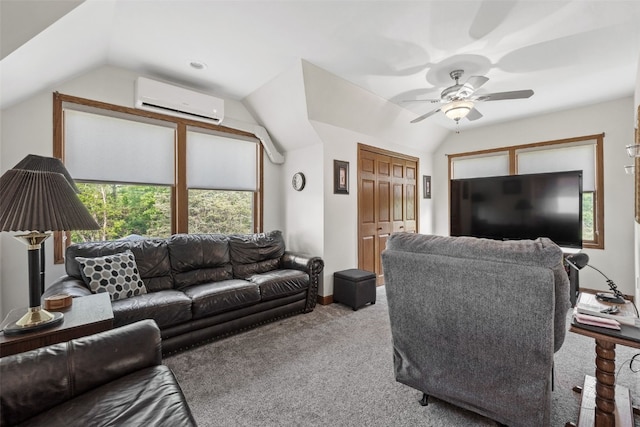 4427 J St SW, Cedar Rapids, IA 52404 - living room with a wall mounted air conditioner, lofted ceiling, carpet, ceiling fan, and baseboards