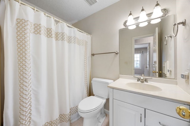 6909 Kent Dr NE, Cedar Rapids, IA 52402 - bathroom with toilet, a textured ceiling, vanity, and a shower with curtain