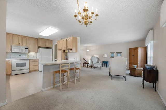 6909 Kent Dr NE, Cedar Rapids, IA 52402 - kitchen with white appliances, light colored carpet, a chandelier, light brown cabinetry, and open floor plan
