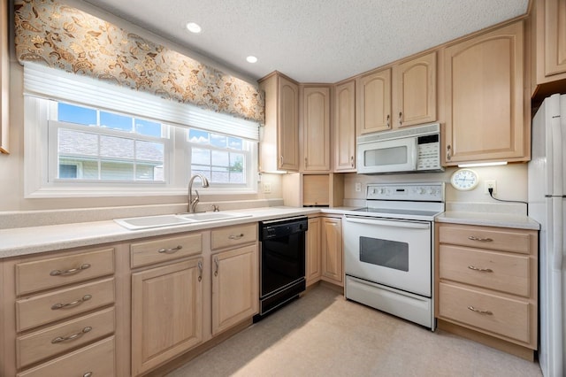 6909 Kent Dr NE, Cedar Rapids, IA 52402 - kitchen with white appliances, light brown cabinetry, a sink, light countertops, and a textured ceiling