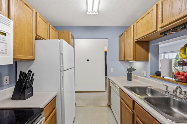 3511 E Ave NW Unit D, Cedar Rapids, IA 52405 - kitchen with a sink, white appliances, light floors, light countertops, and a textured ceiling