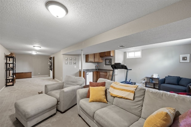 2985 4th St, Marion, IA 52302 - living room with a textured ceiling, light colored carpet, baseboards, and bar