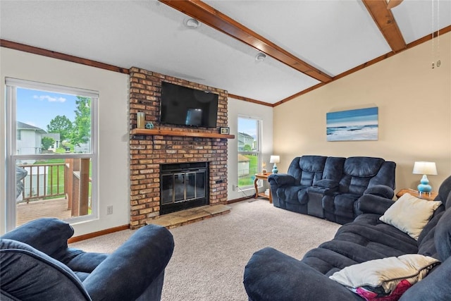 6813 Terrazzo Dr NW, Cedar Rapids, IA 52405 - carpeted living room featuring baseboards and a brick fireplace