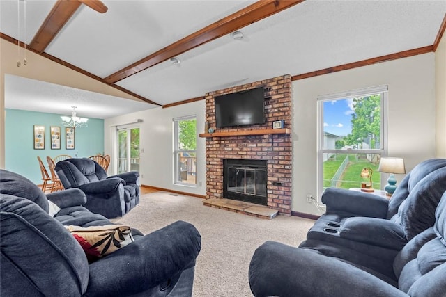 6813 Terrazzo Dr NW, Cedar Rapids, IA 52405 - living area featuring a chandelier, healthy amount of natural light, carpet floors, and a fireplace