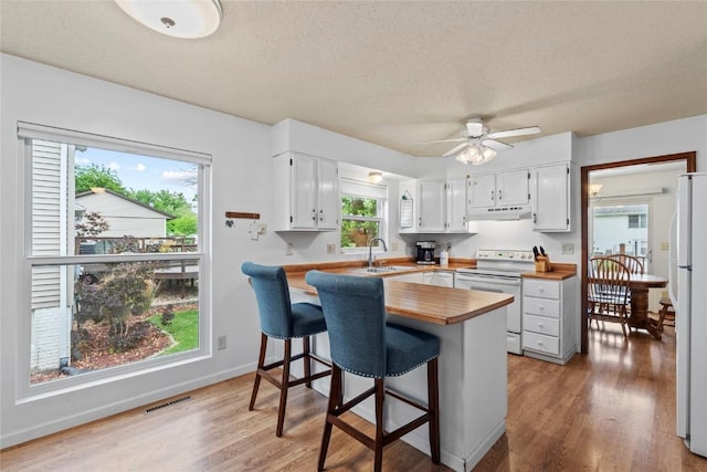 6813 Terrazzo Dr NW, Cedar Rapids, IA 52405 - kitchen featuring white appliances, butcher block countertops, a sink, under cabinet range hood, and a peninsula
