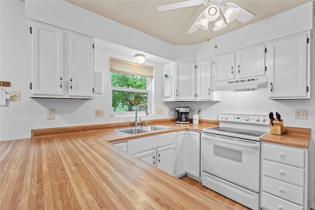 6813 Terrazzo Dr NW, Cedar Rapids, IA 52405 - kitchen with white electric range, under cabinet range hood, a sink, and white cabinets