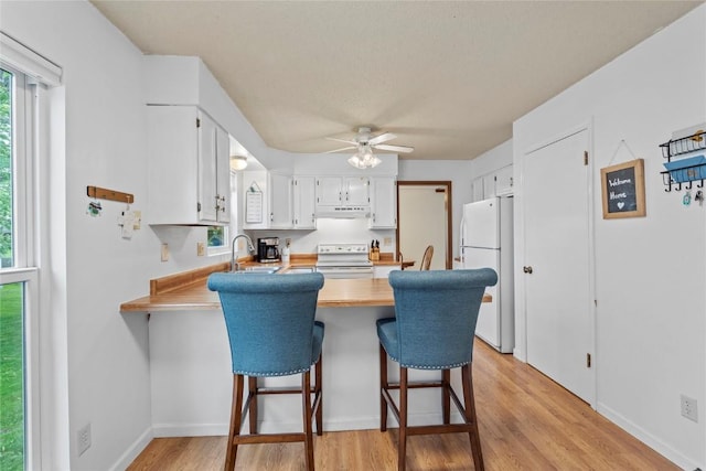 6813 Terrazzo Dr NW, Cedar Rapids, IA 52405 - kitchen with white appliances, a sink, a peninsula, a ceiling fan, and light wood-style flooring