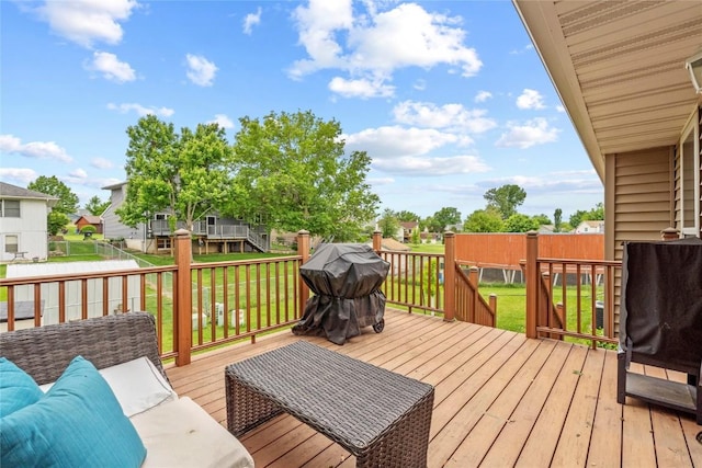 6813 Terrazzo Dr NW, Cedar Rapids, IA 52405 - deck featuring a yard, a residential view, an outdoor living space, and a grill