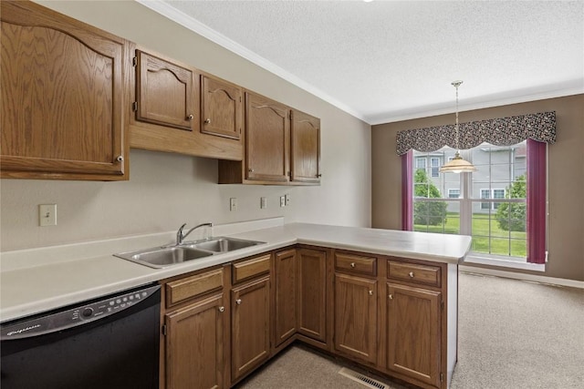 4555 Westchester Dr NE Unit A, Cedar Rapids, IA 52402 - kitchen featuring dishwasher, a sink, a peninsula, light countertops, and crown molding