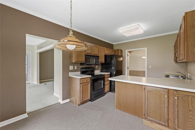 4555 Westchester Dr NE Unit A, Cedar Rapids, IA 52402 - kitchen featuring black appliances, light colored carpet, a peninsula, light countertops, and a sink